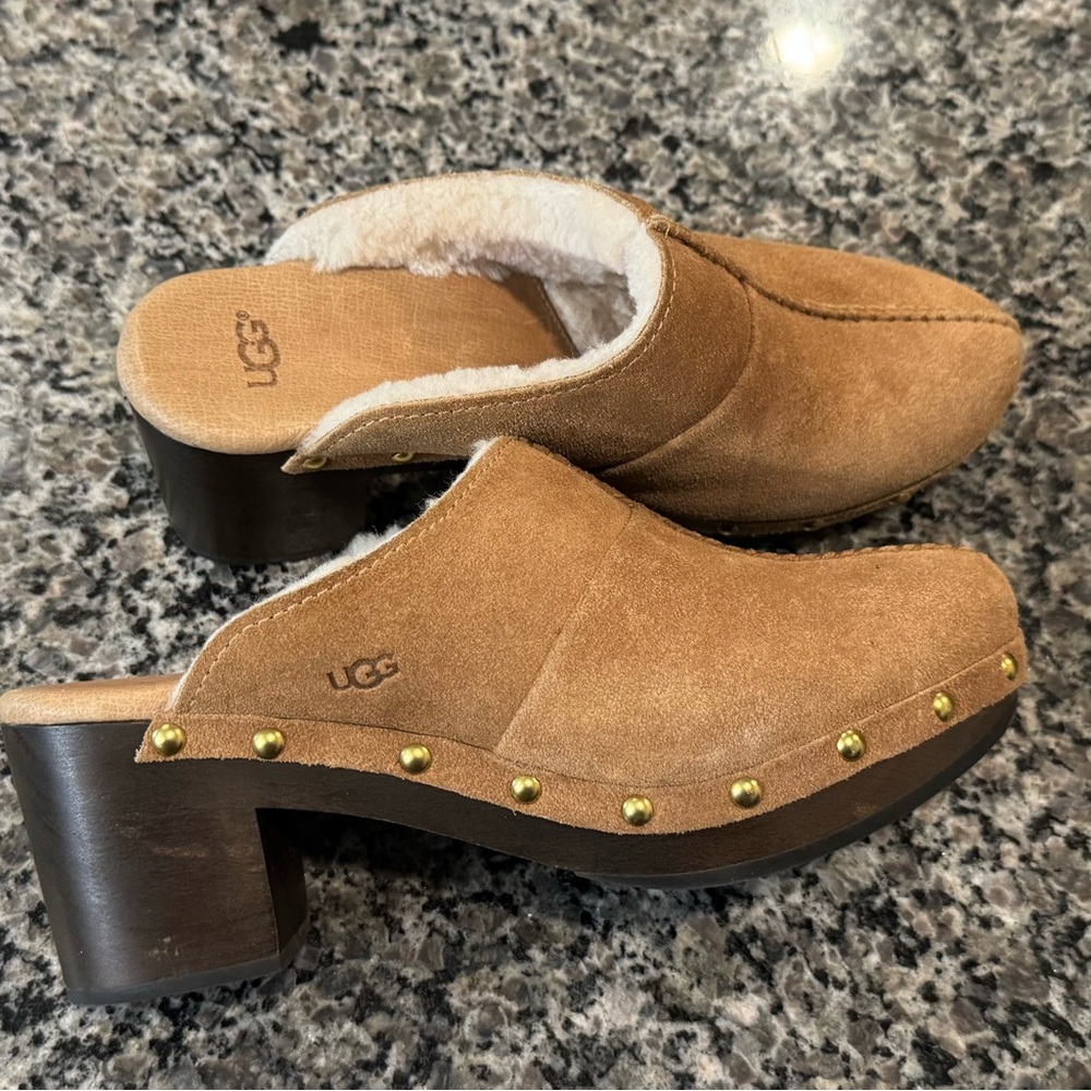 UGG Chestnut Brown Suede Kassi Sherpa Lined Slip On Clogs Heels Size 6 - Picture 2 of 11